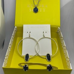 Elote Earrings, Teo Adjustable Pendant, and Emilie Cuff Bracelet with Blue Druzy